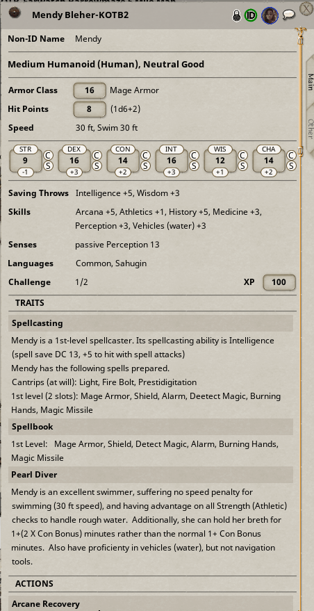 Stat block for Mendy the Seeker.  Standard NPC card used in 5e