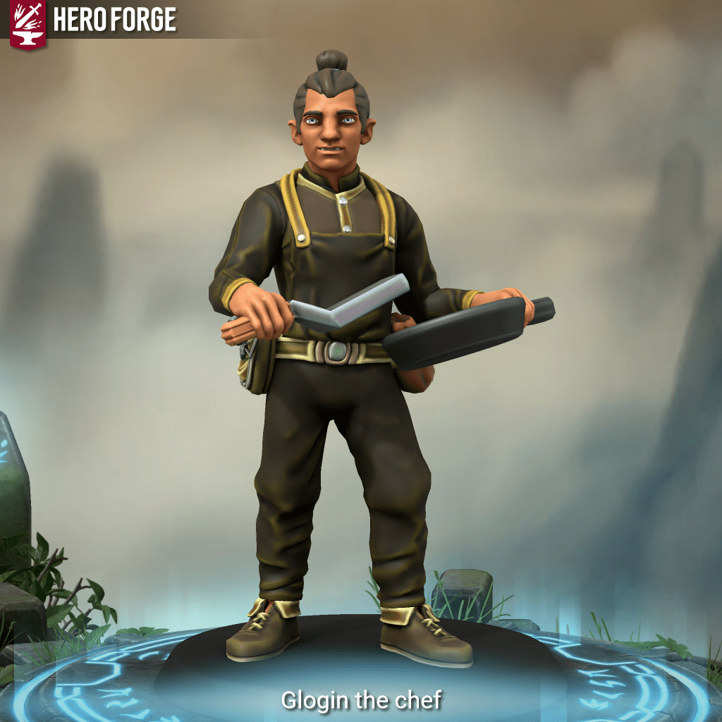 Image of Glogin the male half orc chef.  He is a young fellow with reddish skin, and a slightly squared jaw.  he wears a greenish apron and breeches, and a brown shirt.  He carries a skillet and spatula.  His hair is brown and tied in a topknot.  
