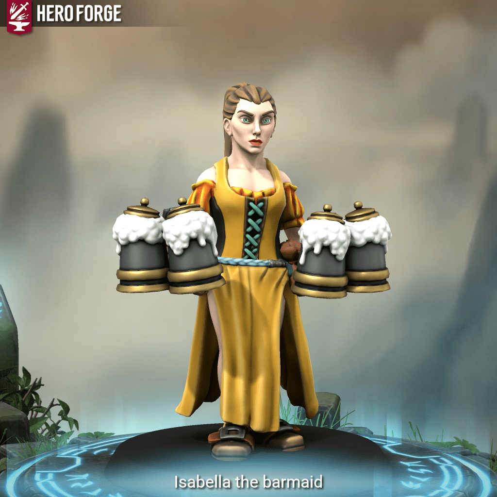 Image of Isabella the female human barmaid.  She wears a yellow dress and corset.  The dress is slit up to the thigs.  Her face is gaunt and angular.  Her long brown hair is pulled pack into a ponytail.  She carries four overflowing beer steins.  