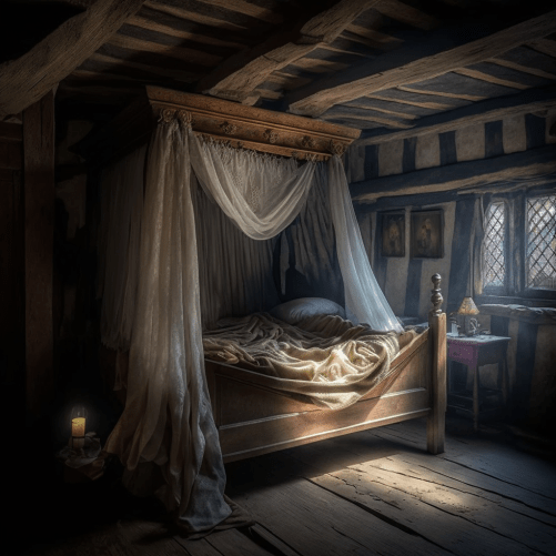 A wood framed bed in a tavern.  Light shines in through the window and the sheets are unmade