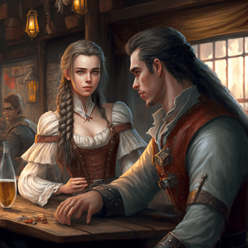 A handsome nobleman flirting with a tavern girl