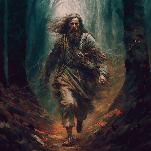 Wild looking man with bead and weaing ragged clothes walking through the woods
